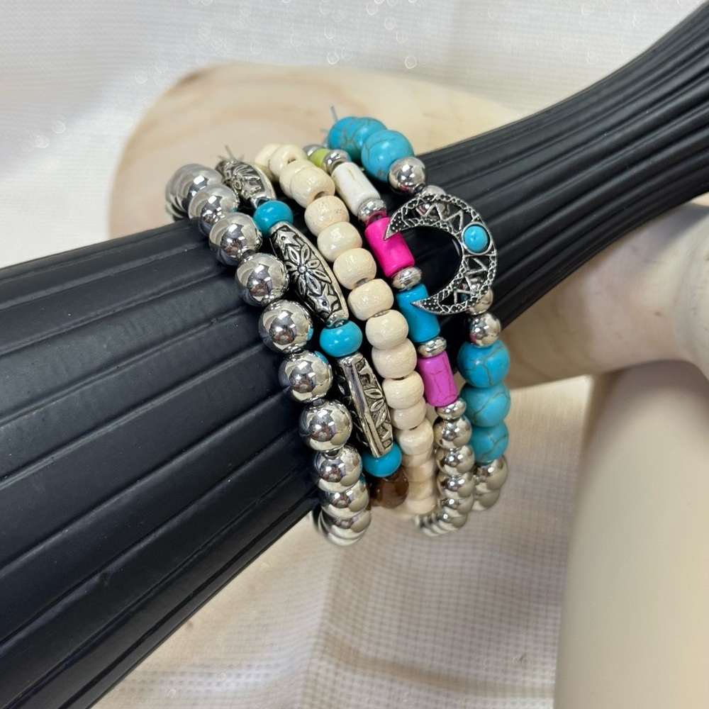 Silver and Turquoise Beaded Bracelet Set